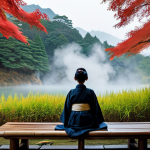A tranquil scene at a traditional Japanese outdoor Onsen (露天风吕) during autumn. A lone adult individual, fully clothed in a modest, traditional yukata, sits respectfully on a wooden bench beside the steaming natural hot spring, observing the vibrant red maple leaves and the misty steam rising. The environment features traditional wooden architecture, a serene bamboo grove, and a distant, peaceful mountain view. Professional photography, high resolution, cinematic lighting, tranquil atmosphere, perfect anatomy, correct proportions, natural pose, well-formed hands, proper finger count, natural body proportions, safe for work, appropriate content, family-friendly.