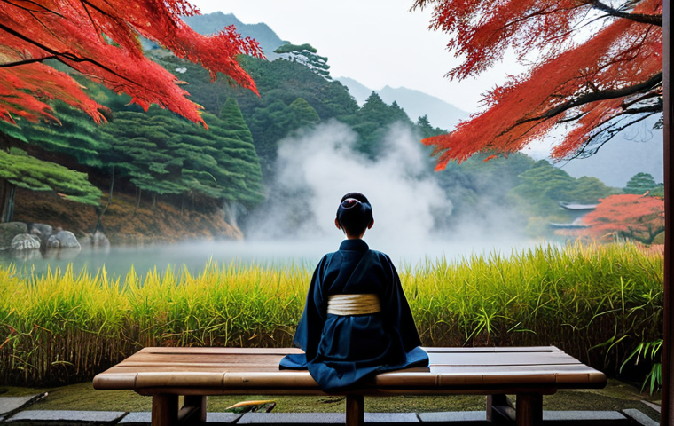 A tranquil scene at a traditional Japanese outdoor Onsen (露天风吕) during autumn. A lone adult individual, fully clothed in a modest, traditional yukata, sits respectfully on a wooden bench beside the steaming natural hot spring, observing the vibrant red maple leaves and the misty steam rising. The environment features traditional wooden architecture, a serene bamboo grove, and a distant, peaceful mountain view. Professional photography, high resolution, cinematic lighting, tranquil atmosphere, perfect anatomy, correct proportions, natural pose, well-formed hands, proper finger count, natural body proportions, safe for work, appropriate content, family-friendly.